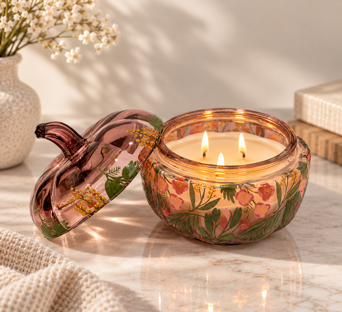 Floral Pumpkin Jar - Mauve